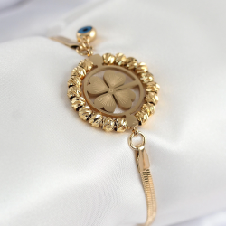 Mey İthalat® 316L Çelik Nazar Boncuk Detaylı Yonca Model İtalyan Zincir Gold Renk Kadın Bileklik