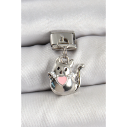 Mey İthalat® 316L Çelik Sallantılı Kalp Detaylı Kedi Model Gümüş Renk Nomination Charm
