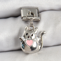 Mey İthalat® 316L Çelik Sallantılı Kalp Detaylı Kedi Model Gümüş Renk Nomination Charm