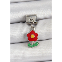 Mey İthalat® 316L Çelik Sallantılı Kırmızı Papatya Model Gümüş Renk Nomination Charm