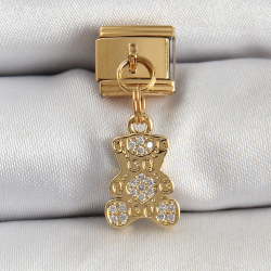 Mey İthalat® 316L Çelik Sallantılı Zirkon Taşlı Ayıcık Model Gold Renk Nomination Charm