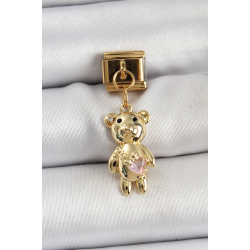 Mey İthalat® 316L Çelik Sallantılı Zirkon Taşlı Ayıcık Model Gold Renk Nomination Charm