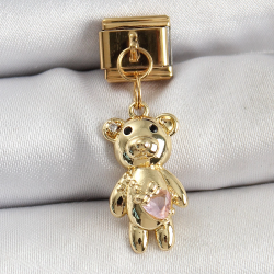 Mey İthalat® 316L Çelik Sallantılı Zirkon Taşlı Ayıcık Model Gold Renk Nomination Charm