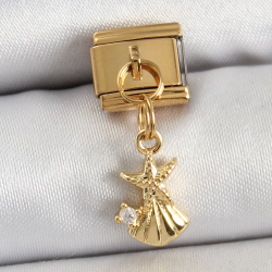 Mey İthalat® 316L Çelik Sallantılı Zirkon Taşlı Deniz Yıldızı Ve İstiridye Model Gold Renk Nomination Charm