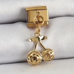 Mey İthalat® 316L Çelik Sallantılı Zirkon Taşlı Fiyonk Model Gold Renk Nomination C316L Çelik Sallantılı Kiraz Model Gold Renk Nomination Charm