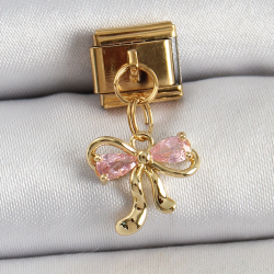 Mey İthalat® 316L Çelik Sallantılı Zirkon Taşlı Fiyonk Model Gold Renk Nomination Charm