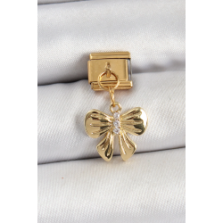 Mey İthalat® 316L Çelik Sallantılı Zirkon Taşlı Fiyonk Model Gold Renk Nomination Charm