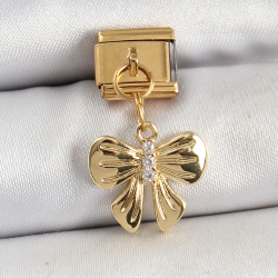 Mey İthalat® 316L Çelik Sallantılı Zirkon Taşlı Fiyonk Model Gold Renk Nomination Charm