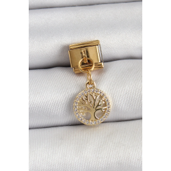 Mey İthalat® 316L Çelik Sallantılı Zirkon Taşlı Hayat Ağacı Model Gold Renk Nomination Charm