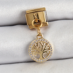 Mey İthalat® 316L Çelik Sallantılı Zirkon Taşlı Hayat Ağacı Model Gold Renk Nomination Charm