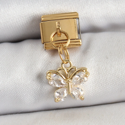 Mey İthalat® 316L Çelik Sallantılı Zirkon Taşlı Kelebek Model Gold Renk Nomination Charm