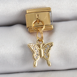 Mey İthalat® 316L Çelik Sallantılı Zirkon Taşlı Kelebek Model Gold Renk Nomination Charm