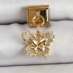 Mey İthalat® 316L Çelik Sallantılı Zirkon Taşlı Kelebek Model Gold Renk Nomination Charm