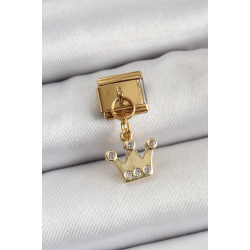 Mey İthalat® 316L Çelik Sallantılı Zirkon Taşlı Kraliçe Tacı Model Gold Renk Nomination Charm