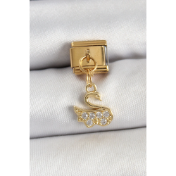 Mey İthalat® 316L Çelik Sallantılı Zirkon Taşlı KuğuModel Gold Renk Nomination Charm