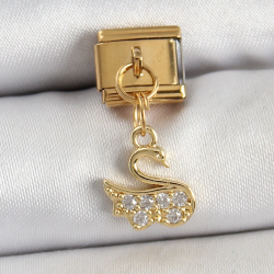 Mey İthalat® 316L Çelik Sallantılı Zirkon Taşlı KuğuModel Gold Renk Nomination Charm