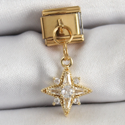 Mey İthalat® 316L Çelik Sallantılı Zirkon Taşlı Kutup Yıldızı Model Gold Renk Nomination Charm