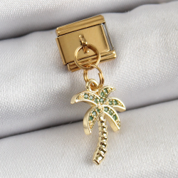 Mey İthalat® 316L Çelik Sallantılı Zirkon Taşlı Palmiye Ağacı Model Gold Renk Nomination Charm