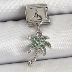 Mey İthalat® 316L Çelik Sallantılı Zirkon Taşlı Palmiye Ağacı Model Gümüş Renk Nomination Charm