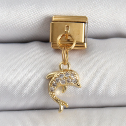 Mey İthalat® 316L Çelik Sallantılı Zirkon Taşlı Yunus Balığı Model Gold Renk Nomination Charm