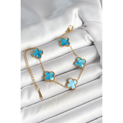 Mey İthalat® 316L Çelik Sedefli Gökyüzü Mavisi Gold Renk Yonca Kadın Bileklik