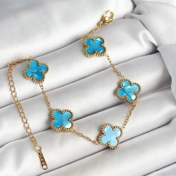 Mey İthalat® 316L Çelik Sedefli Gökyüzü Mavisi Gold Renk Yonca Kadın Bileklik