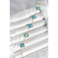 Mey İthalat® 316L Çelik Sedefli Gökyüzü Mavisi Gold Renk Yonca Kadın Bileklik