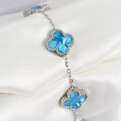 Mey İthalat® 316L Çelik Sedefli Gökyüzü Mavisi Gümüş Renk Yonca Kadın Bileklik