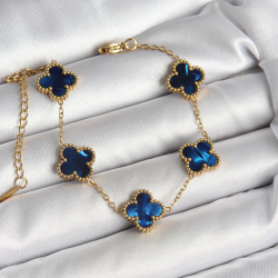 Mey İthalat® 316L Çelik Sedefli Lacivert Gold Renk Yonca Kadın Bileklik