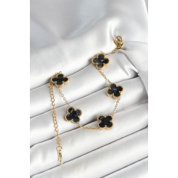 Mey İthalat® 316L Çelik Sedefli Siyah Gold Renk Yonca Kadın Bileklik