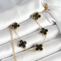 Mey İthalat® 316L Çelik Sedefli Siyah Gold Renk Yonca Kadın Bileklik