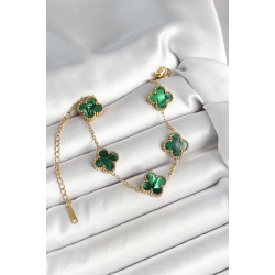 Mey İthalat® 316L Çelik Sedefli Zümrüt Yeşil Gold Renk Yonca Kadın Bileklik