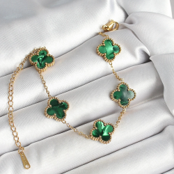 Mey İthalat® 316L Çelik Sedefli Zümrüt Yeşil Gold Renk Yonca Kadın Bileklik