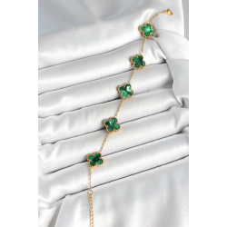 Mey İthalat® 316L Çelik Sedefli Zümrüt Yeşil Gold Renk Yonca Kadın Bileklik