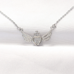 Mey İthalat® 316L Çelik Silver Renk Zirkon Taşlı Kalpli Kanat Kolye