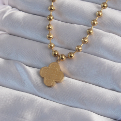 Mey İthalat® 316L Çelik Top Zincirli Gold Renk İşlemeli Yonca Model Kolye