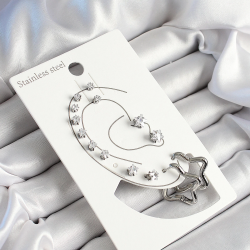 Mey İthalat® 316L Çelik Yıldız Figürlü Ve Zirkon Taşlı Gümüş Renk 7'li Çift Kadın Küpe Set