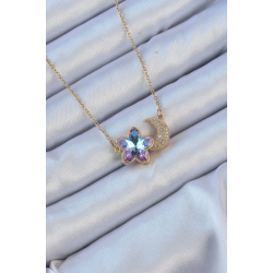 Mey İthalat® 316L Çelik Zincir Altın Renk Ay Tasarımlı Renkli Zirkon Taşlı Çiçek Kolye