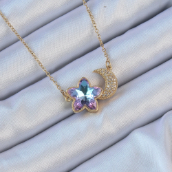 Mey İthalat® 316L Çelik Zincir Altın Renk Ay Tasarımlı Renkli Zirkon Taşlı Çiçek Kolye