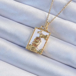 Mey İthalat® 316L Çelik Zincir Altın Renk Beyaz Mineli Tarot Kolye