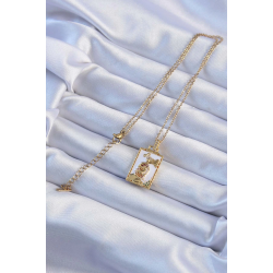 Mey İthalat® 316L Çelik Zincir Altın Renk Beyaz Mineli Tarot Kolye