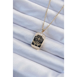 Mey İthalat® 316L Çelik Zincir Altın Renk İşlemeli Siyah Mineli Tarot Kolye