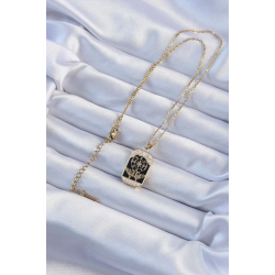 Mey İthalat® 316L Çelik Zincir Altın Renk İşlemeli Siyah Mineli Tarot Kolye