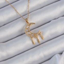 Mey İthalat® 316L Çelik Zincir Altın Renk İşlemeli Zirkon Taşlı Ay Kolye