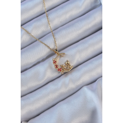 Mey İthalat® 316L Çelik Zincir Altın Renk Kırmızı Gül Detay Kedi Figür Zirkon Taşlı Ay Kolye