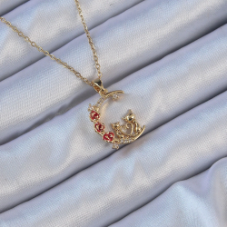 Mey İthalat® 316L Çelik Zincir Altın Renk Kırmızı Gül Detay Kedi Figür Zirkon Taşlı Ay Kolye