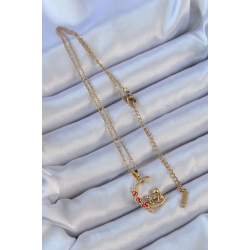 Mey İthalat® 316L Çelik Zincir Altın Renk Kırmızı Gül Detay Kedi Figür Zirkon Taşlı Ay Kolye