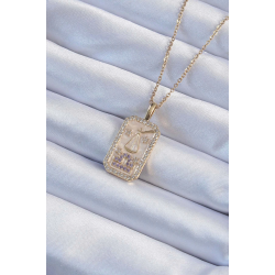 Mey İthalat® 316L Çelik Zincir Altın Renk Lila Zirkon Taşlı Tarot Kolye