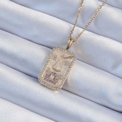 Mey İthalat® 316L Çelik Zincir Altın Renk Lila Zirkon Taşlı Tarot Kolye