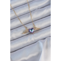 Mey İthalat® 316L Çelik Zincir Altın Renk Mavi Mor Zirkon Taşlı Kanatlı Kalp Kolye